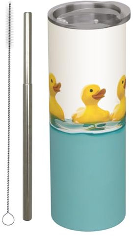 amepay Cute Rubber Duck Stainless Steel Insulated Tumbler with Lid - 20oz Yellow Ducks Travel Mug, Reusable Metal Straw & Brush, Double-Wall Vacuum Bottle Cup for Hot and Cold Drinks,Gifts