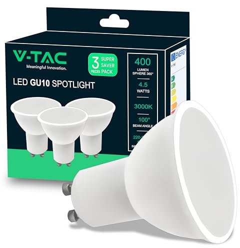 V-TAC 3x Lampadine LED GU10-4,5W (Equivalenti a 35W) - 400 Lumen - Alta Luminosità - Faretto Led GU10 per Massima Efficienza e Risparmio Energetico - 3000K Luce Calda - (Box 3 pezzi)