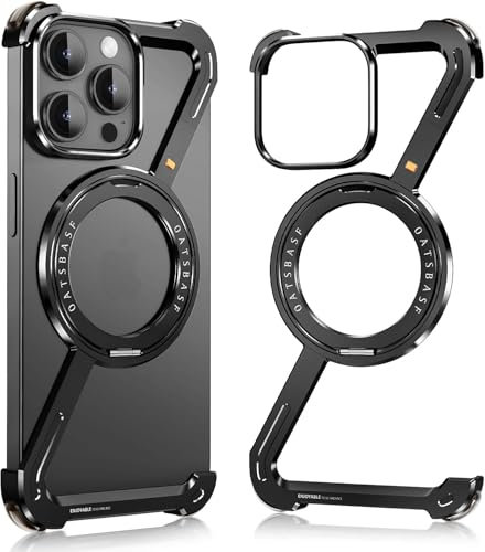 SEZQMA Metal Bumper Case for iPhone 16 Pro Max, Minimalist Z Aluminum Cover Design, Compatible with MagSafe, Ultra Thin Frameless Frame with 360° Rotatable Magnetic Ring, Black Titanium