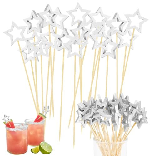 WUSJCOF 100 Stück Stern Cocktailspieße,Silber Star Hölzerne Cocktail Zahnstocher, Partyspieße Sticks für Hochzeit Geburtstag Weihnachten Ramadan Mubarak Eid Al Fitr Party Dekoration