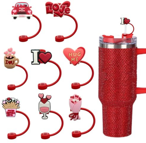Paquete de 8 tapas de pajita de silicona para vasos de San Valentín, tapas de pajita reutilizables a prueba de polvo de silicona de 10 mm para vasos Stanley de 40/30 oz