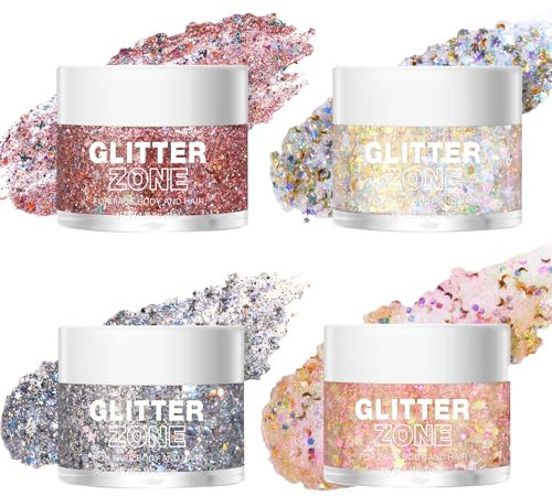 Welhammsae Gel Corporal Purpurina, 4 Colores Face Glitters Body Gel, Lentejuelas de Sirena Chunky Glitter Cara Cabello Uñas Labios Gel para Festival, para Brillantes Cabello y Cuerpo Halloween
