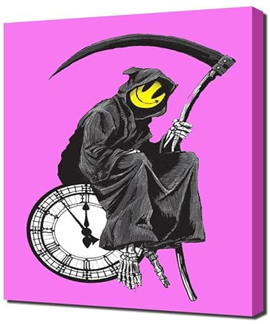 Banksy-Sensenmann-Uhr-Pink - Leinwandbild - Leinwanddruck auf Holzrahmen - Perfektes Bild für Wanddekoration