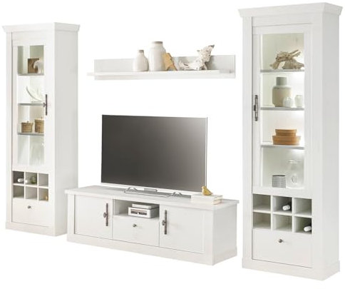 Furn.Design Wohnwand in weiß Pinie Landhaus Wohnkombination 4-teilig, Soft-Close-Funktion, Fiastra