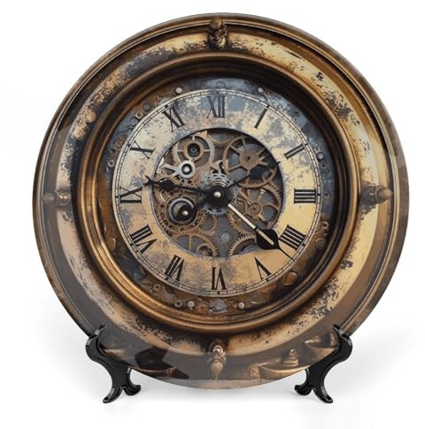 DWVSFJM Dekorativer Teller mit Steampunk-Uhr-Druck, Knochenporzellan, dekorativer Keramikteller, Porzellan, rund, Essteller, Kunsthandwerk für Wandbehang, Dekoration, 20,3 cm