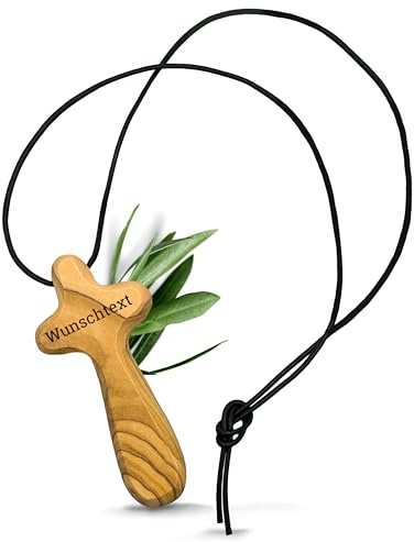 OLIQUE Kreuz Kette aus Olivenholz - Personalisierte Halskette als Geschenk zur Geburt, Taufe, Kommunion und zur Firmung