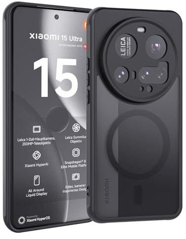 Vanrain Magnetisch Hülle für Xiaomi Mi 15 Ultra Kompatibel mit MagSafe, Magnetisch Schutzhülle Stoßfest Kratzfest Matt Transluzente Rückseite Handyhülle, Schwarz