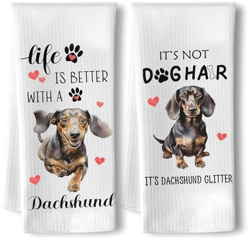 ZJKUBOIS Dackel Küchentücher 2 Stück, Dackel Geschenke für HundeliebhaberDachshund Geschirrtücher Frottee Set mit Niedlicher Dackel, Sehr Saugfähig, Aufhängen Handtuch Küche und Badezimmer 40 X 60CM