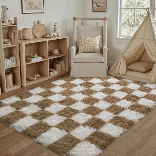 HUGEAR Kariert Flauschig Teppich Wohnzimmer 140x200cm Braun Weiß Shaggy Carpet