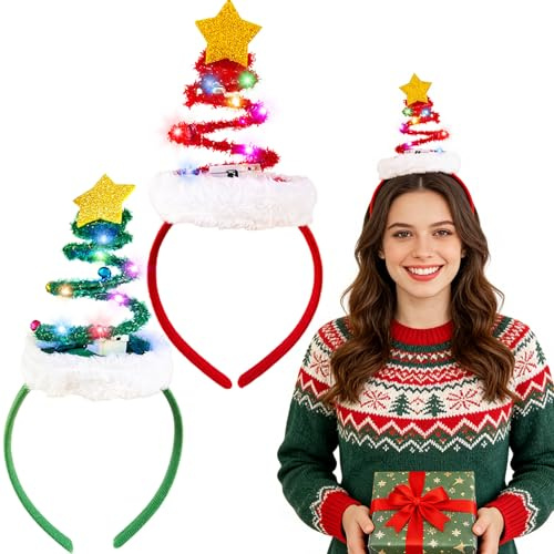 Sunshine smile 2 Stück Weihnachts Haarreif mit LED,Weihnachtsbaum Stirnband,Weihnachtliche Stirnbänder,Beleuchtete Stirnbänder mit LED,Kopfbedeckungen Erwachsene,Leuchten Haarreifen für Party Cosplay