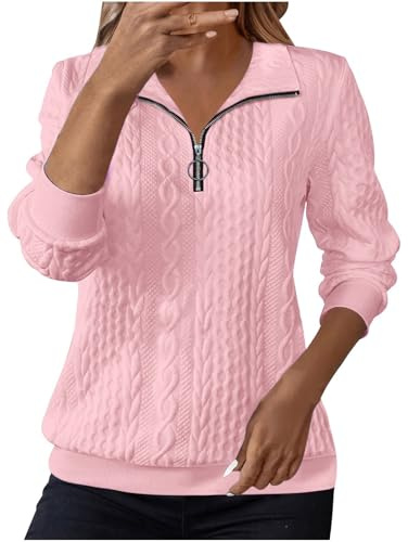 Hoodies for Women UK Women's Jumpers for Women UK Sweatshirts Lapel Half Zip Pullover Knit Cable Ladies Sweatshirt Long Sleeve Tops Fall Winter Sweaters Warm Hoodies Outfit Clothing Pink M