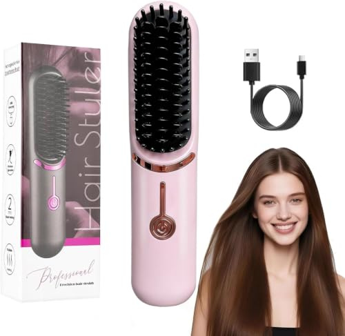 Wendict Brosse lissante pour cheveux, 3 Températures, Brosse Chauffante Lissante Electrique Professionnelle Peigne Lisseur Ceramique Ionique Spéciale Cheveux Frisés et Crépus (Rose)