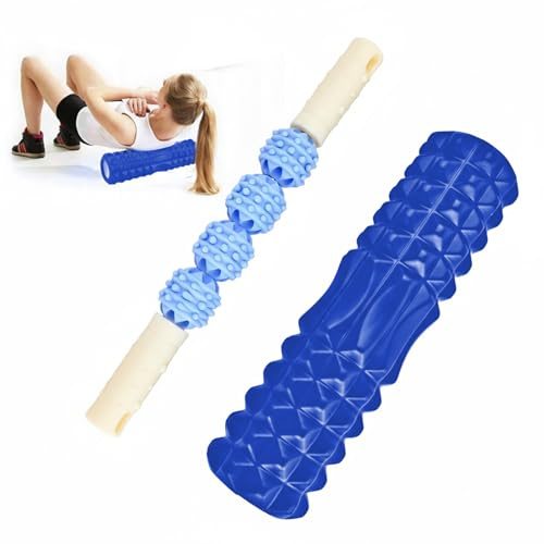 Rouleau de Massage 30x8cm, Foam Roller avec Bâton de Rouleau Musculair, Kit Rouleau Massage Dos Jambes Mollet pour Massage Profond des Muscles, Utilisé à la Maison et au Gymnase (Bleu)