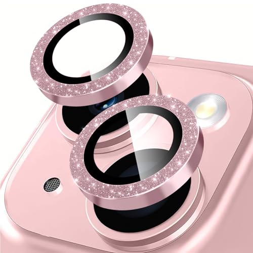 Coiwxmoi Protezione Fotocamera per iPhone 15/15 Plus,Glitter Posteriore Copri Telecamera Pellicola Vetro Camera Proteggi Obiettivo HD Trasparente Durezza 9H Anti-graffio Bling Lente,Rosa
