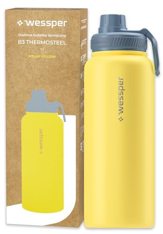Wessper Edelstahl Trinkflasche 1000ml Auslaufsicher Thermosflasche BPA-Frei mit 3 Deckel | Gelb Elegante Trinkflasche Sport | Isolierflasche Kinder Erwachsene für Camping Fahrrad Sport Outdoor