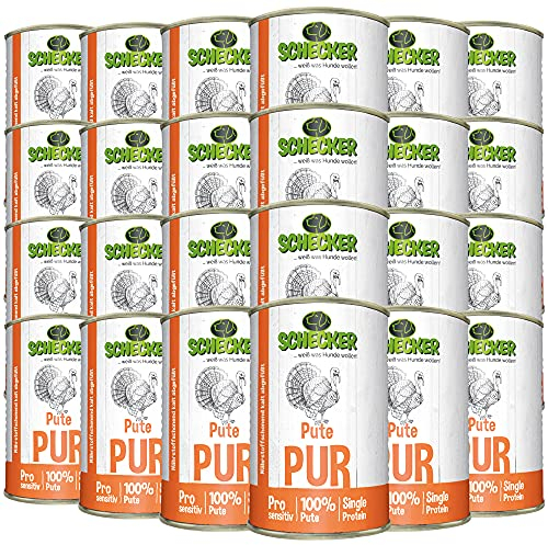 Schecker Nassfutter getreidefrei - 100% Pute PUR - 24 x 410 g - hypoallergen - glutenfrei - Hundefutter - Single Protein