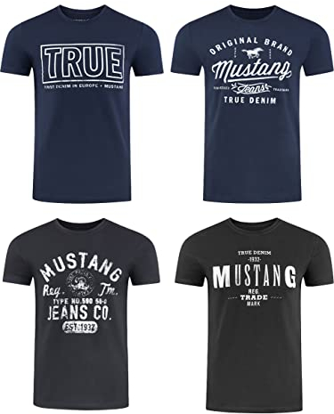 MUSTANG Tshirt Herren Baumwolle Regular Fit 4er Pack Set Rundhals Kurzarm Sommer Tee Shirt Logoprint, Größe:M, Farbe:Pack 1