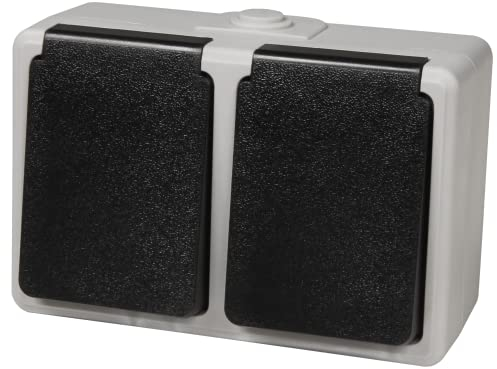 MC POWER Feuchtraum Aufputzsteckdose 2fach I TAFF I Doppel-Steckdose Outdoor-Steckdose horizontal nebeneinander 250V~/16A, IP44, grauer Rahmen, schwarzer Federdeckel