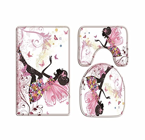 A.Monamour Badezimmer Badematte 3 Teilig Set Rosa Schmetterling Mädchen Mit Blumenkleid Blumen Fee Engelsflügel Teppich Flanell Saugfähig Badteppiche Badvorleger Badgarnitur WC Vorleger