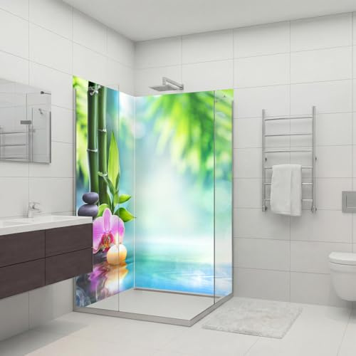 dedeco 2tlg. Eck-Duschrückwand Zen V4, 90x200cm Alu 3mm classic | Wasserfeste Duschrückwand, Alu-Verbundplatte classic – fugenlos, pflegeleicht, Fliesenersatz, Made in Germany