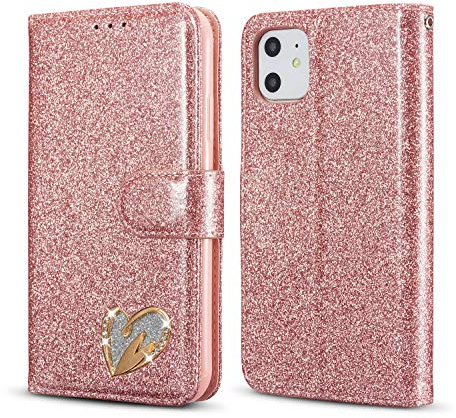 QLTYPRI Glitter Flip Leather for iPhone 11 Case with Inlaid Heart Bling Design (iPhone 11, Rose Gold)