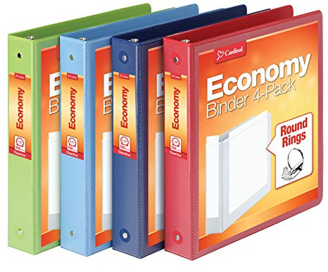Cardinal 3 Ring Binders, Round Rings, Holds 350 Sheets, ClearVue Presentation View, Non-Stick, Assorted Colors (79550), 1.5 Inch (Pack of 4)