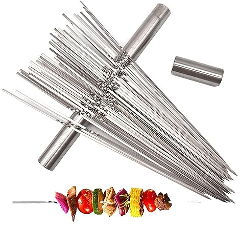 Pinchos de Barbacoa,Liwein 50 Piezas Parrilla Pinchos acero inoxidable Brochetas de Kebab con tubo de almacenamiento metal planas barbacoa Pinchos Asar para BBQ Carne Aperitivos de Fiesta 35cm