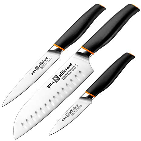 Juego de 3 Cuchillos Profesionales Bra Efficient en Acero Aleman Molibdeno Vanadio. Gama Santoku