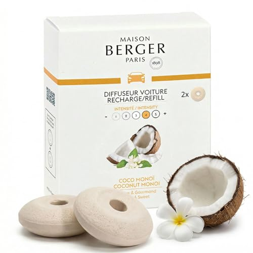 Maison Berger Luxury Car Diffuser Refill Set Coconut Monoï – Pack of 2 Ceramic Refills, 4-6 Week Passive Diffusion, Made in France