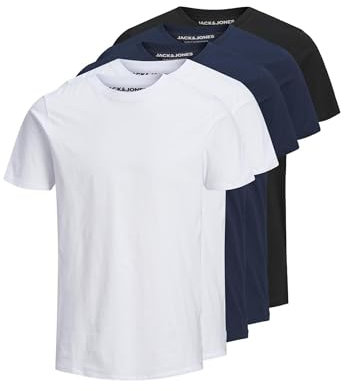 Jack & Jones JJEORGANIC Basic Tee SS O-Neck 5PK MP T-Shirt, Noir/Paquet : 2 Blanc, 2 Bleu Marine, 1 Noir, S Homme