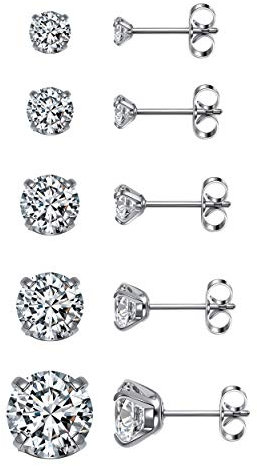AllerPierce Silver Stud Earrings for Women Cubic Zirconia Stud Earrings Set for Men Girls Hypoallergenic Small Sleeper Cartilage Studs Sensitive Ears Piercing Jewellery 3mm-8mm (5 Pairs)