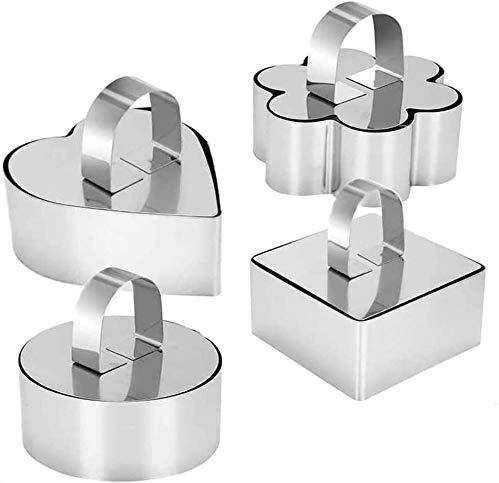 Defemim Stainless Steel 3D Cake Molds with Pusher Lifter Cooking Rings Set of 4,Baking Dish Bakeware Tools Cupcake Mold Mousse Ring Cheese Tools Salad Cake Dessert Mould(4 Different Shapes)