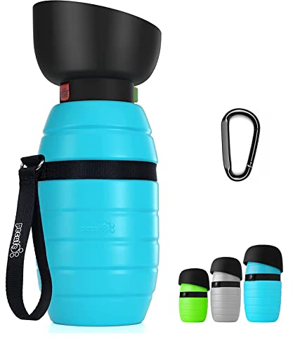 Pecute Botella de Agua para Perros (Azul 500ml) con Cuenco de Agua Plegable Botella de Agua de Silicona de Grado Alimentario para Perros Gatos, 100% Libre de Fugas de Agua