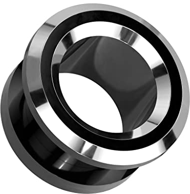 beyoutifulthings Ohr-Tunnel Schwarz Silber Rand Chirurgenstahl Ohr-Piercing Ohr-Schmuck Plug Screw Fit Schraub-Verschluss 19-mm