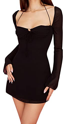 hibshaby Women Sexy Bodycon Dress Puff Sleeve Cocktail Evening Party Elegant Mini Dresses, Mesh Black, M