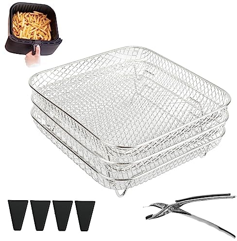 3-Layer Square Air Fryer Rack Including 4 Heighten Feet and Clip,Square Air Fryer Accessories,Compatible with Ninja Speedi 5.7L COSORI 5.5L Instant Vortex 5.7L Tefal 6.5L Air Fryers