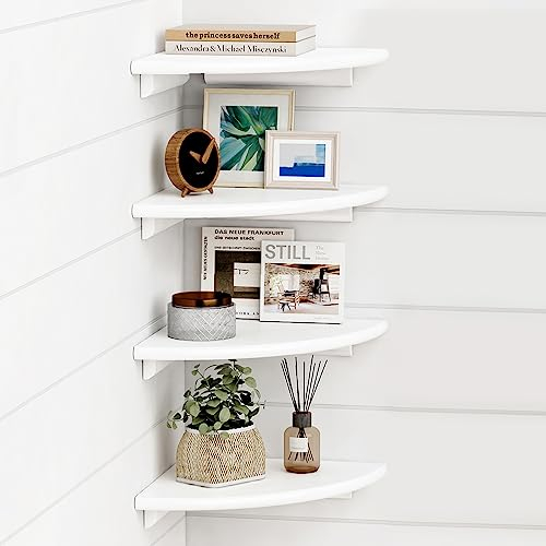 Forbena Weiße Eckregale für die Wand, 4er-Set, abgerundete Eckregale, Wandmontage für Kinderzimmer, Bücher, niedliches Holz-Hänge-Eckregal für Badezimmer-Dekor, Wohnzimmer, kleine Räume