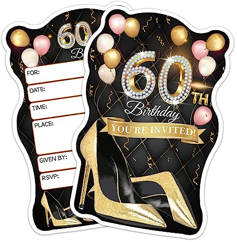 ERHACHAIJIA 20 Stück rosa Luftballons & schwarz-goldene High Heels geformte Einladungskarten mit Umschlägen, lustige 60. Geburtstagsparty, Mutter, Erwachsene