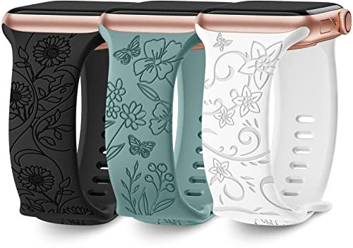 AMSKY 3 Pièces Floral Gravés Bracelets Compatibles avec Bracelet Apple Watch 40mm 46mm 41mm 44mm 45mm 38mm 42mm 49mm Femme, Bracelet Silicone Compatible avec iWatch Se Ultra Serie 10 9 8 7 6 5 4 3 2 1