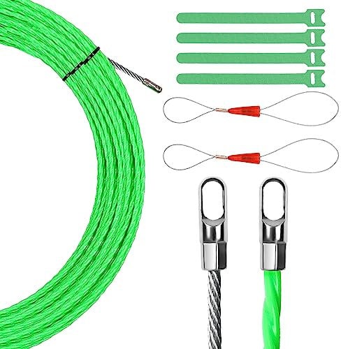 Cable Pulling Aid 16 m, 5 mm Retractable Spiral Pull Wire with 2 Guide Springs, Cable Retraction Aid, Ideal Retractable Tape Cable Laying, Pull Wire for Empty Pipes, with 4 Velcro Straps, Green