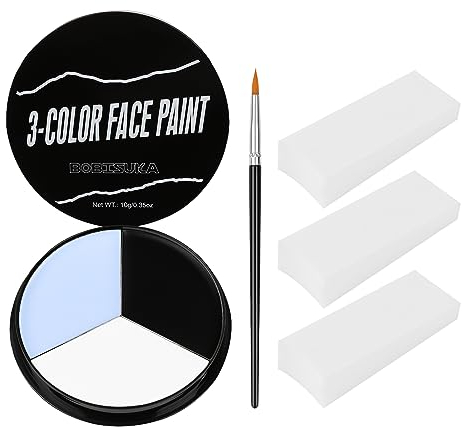 BOBISUKA Pittura per Viso Nero Bianco Grigio + 3 Spugne + 1 Pennello, Trucco Teatrale, Body Painting per Halloween, Carnevale, Trucco Scheletri, Trucco Effetti Speciali