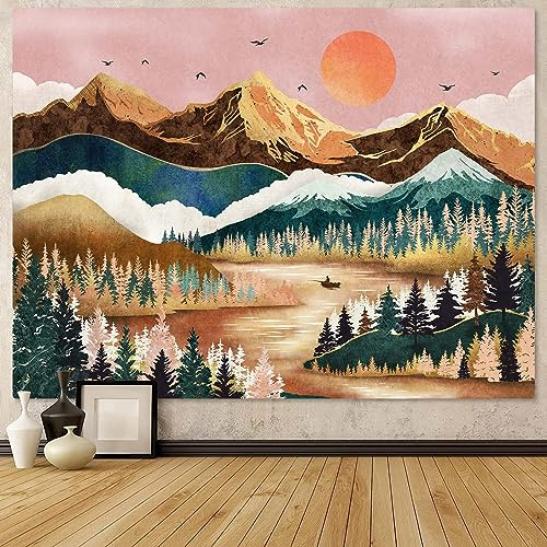 Zussun Berg-Wandteppich, Naturwald, Baum, Wandteppiche für Schlafzimmer, ästhetischer Sonnenuntergang, Tapastry, Wandbehang, orange und grün, Landschaft, Wandteppich für Wohnzimmer, Wohnheim (Orange,