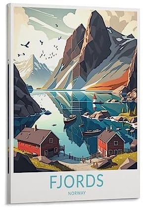 Fjords Norway Vintage-Reiseposter Berg 20 x 30 cm Wandkunstdruck Leinwand Kunst Poster Moderne Familie Schlafzimmer Dekor Poster