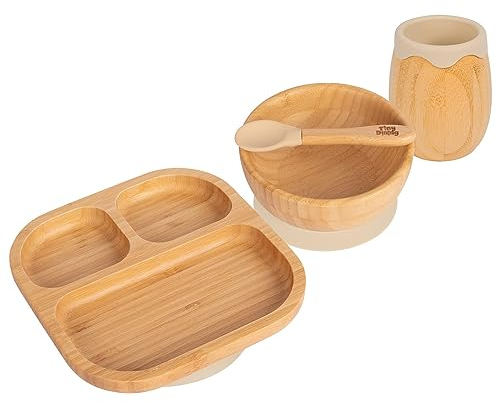 Tiny Dining Baby Feeding Set - Divided - Beige - 4pc - Divided Non-Slip Bamboo Self-Feeding Weaning Plate, Bowl, Drinking Cup & Spoon for Babies, Toddlers, Children