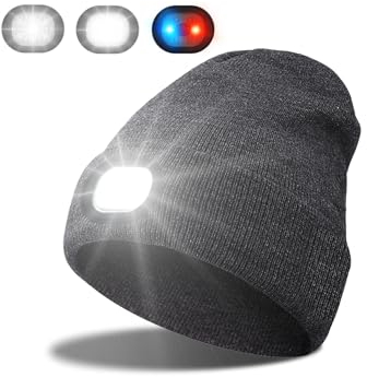 INHDBOX LED Mütze Kappe, Strickmütze mit USB Nachladbare Licht, Beleuchtung und blinkende Warnungs-Arten 6 LED, einfache Installation Vorne Hinten Scheinwerfer-Mütze, Unisex-Winterwärmer-Strickkappe