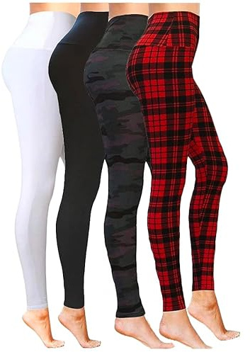 Luxleg High Waisted Stretchy Squat Proof Ankle Length Comfortable Leggings Packs(L-XL, 4 Pack(White, Red Plaid, Black Camouflage, Black))