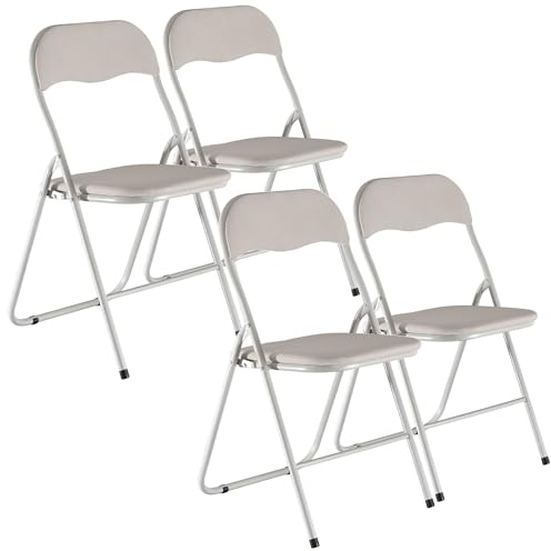 URBNLIVING Set von 4 x Klappstühlen, für Esszimmer, Büro, Mehrzweckstuhl, industriell, gepolstert, robust, Premium-Qualität, Metallrahmen, PVC, Samt, gerippt, gepolsterte Sitze (beige gerippt)