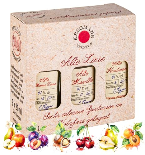 ALTE LINIE Mix – 6 exklusive Geschmacksrichtungen 6 x 0,02 l Obstbrand - Alte Himbeere, Alte Haselnuss, Alte Marille, Alter Obstgarten, Alte Birne, Alte Zwetschke