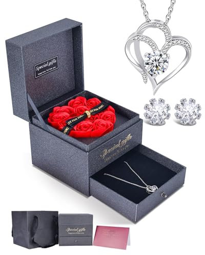 IMMORROSA Rosa Eterna con Collana a Cuore di Diamanti Orecchini a Corona di Cristallo, Scatola di Rose Conservate con Collana, Regalo Rosa per sempre per Moglie, Mamma, San Valentino, Compleanno