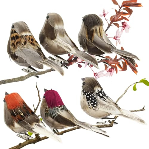 xlwen Künstliche Vögel mit Federn und Clip, 6 Stück Künstliche Vögel Feder Vogel Modell,Mini Vogel Dekofigur,6 Farben Vogel Mit Clip für Handwerk, Garten, Vogel, Partydekorationen